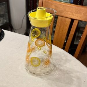 Vintage Pyrex Citrus Glass Carafe with Yellow Plastic Lid